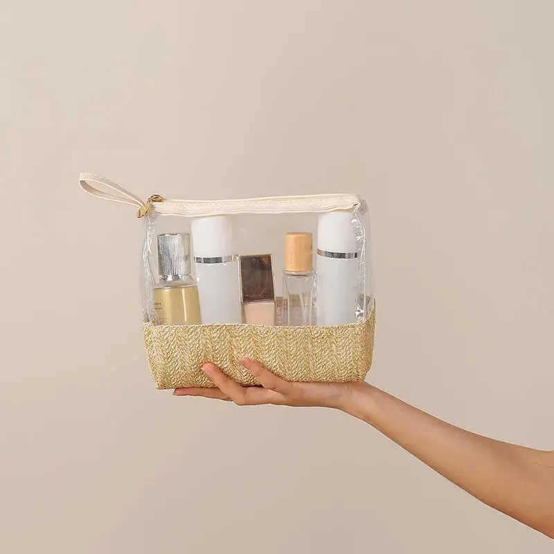 Bolsa de maquillaje colgante FashionTravel, bolsa de lavado de almacenamiento portátil de gran capacidad para organización de cosméticos, tejido de paja - imagen 2