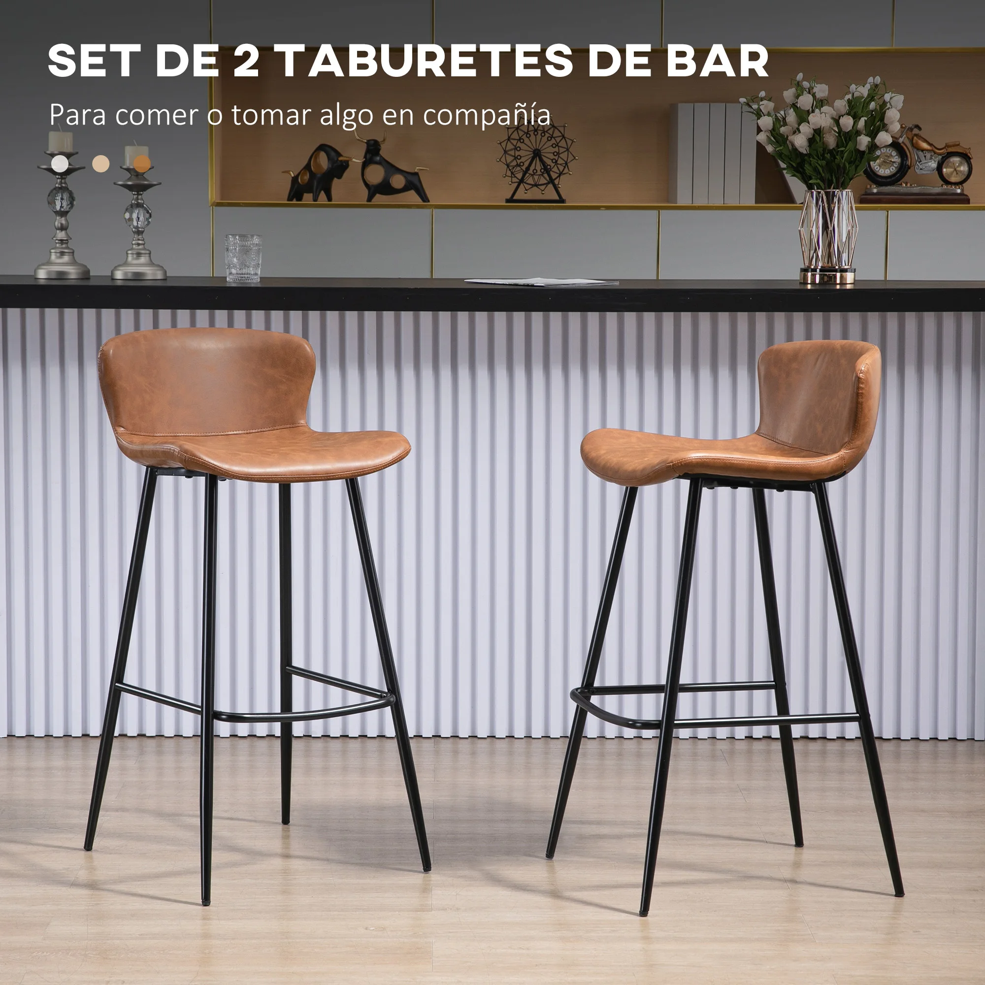 HOMCOM Conjunto de 2 Taburetes Altos de Cocina Sillas Altas de Cocina con Respaldo Tapizado en PU Carga 120 kg para Bar Salón Comedor Marrón - imagen 3