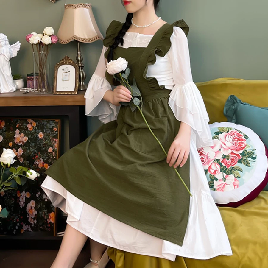 Delantal con espalda cruzada, delantal de cocina con volantes y bolsillos para Chef, jardinería, trabajo rosa, mujer con vestido grande delantal, cocina y hornear - imagen 2