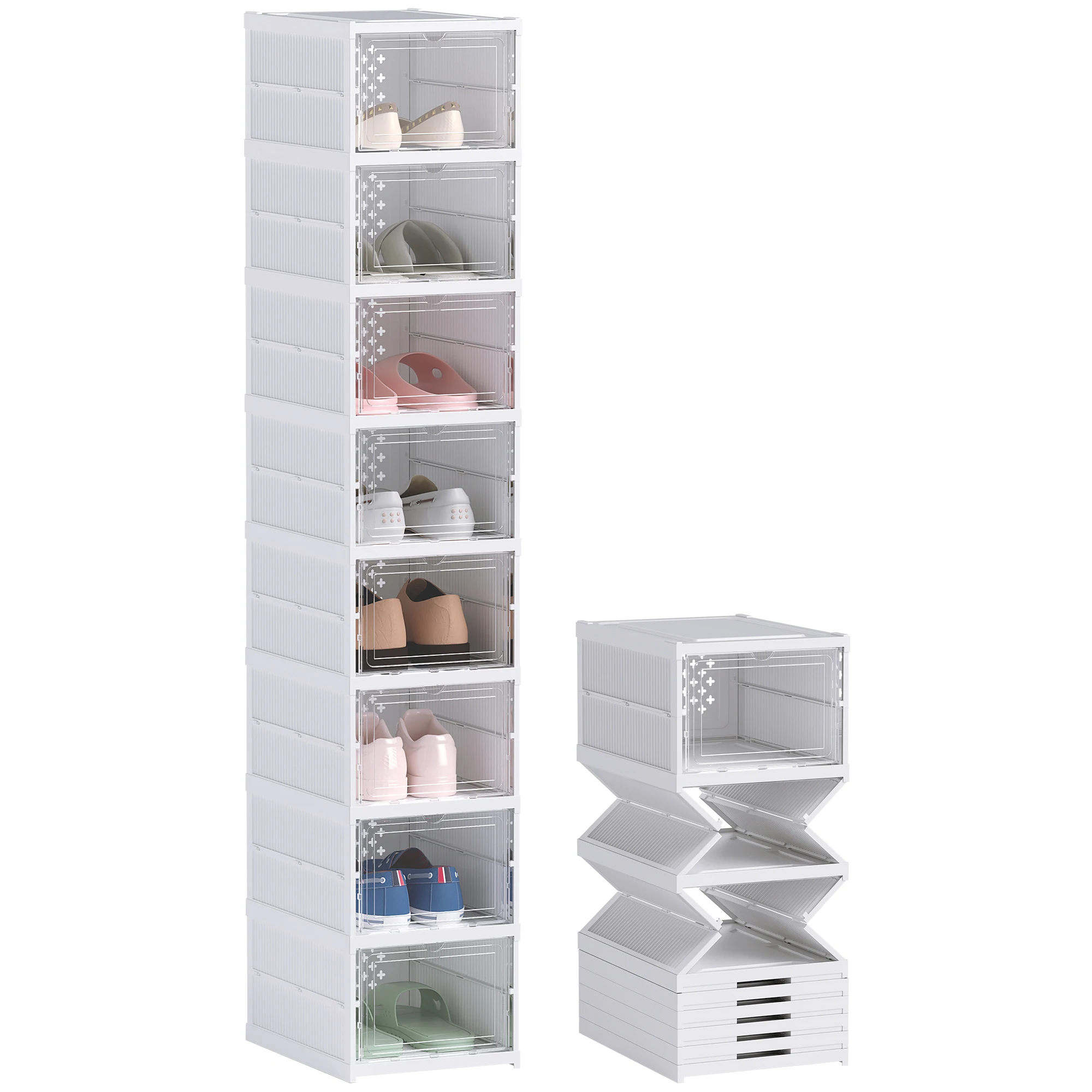 HOMCOM Cajas para Zapatos Apilables, Juego de 8 Organizadores para Zapatos Portátil, Zapatero Plegable con Puertas Transparentes, hasta Talla 43, No Requiere Montaje, Blanco