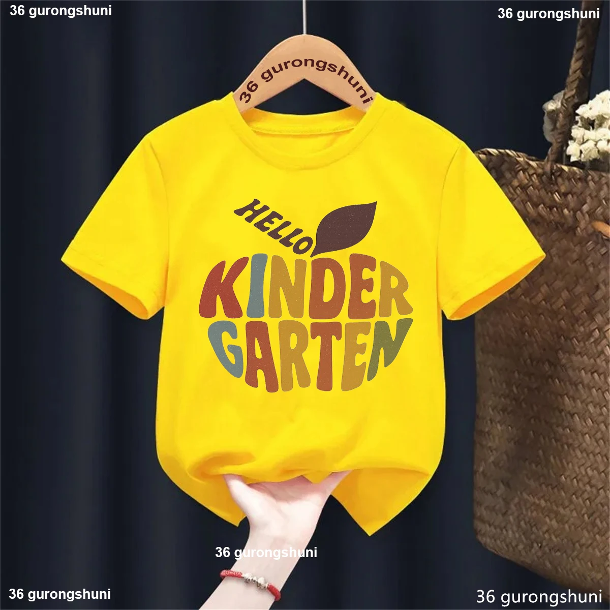 Camiseta Retro con estampado de manzana de Hello Kingergarten, ropa divertida para niños y niñas, camisa de manga corta de verano, ropa de regreso a la escuela - imagen 4
