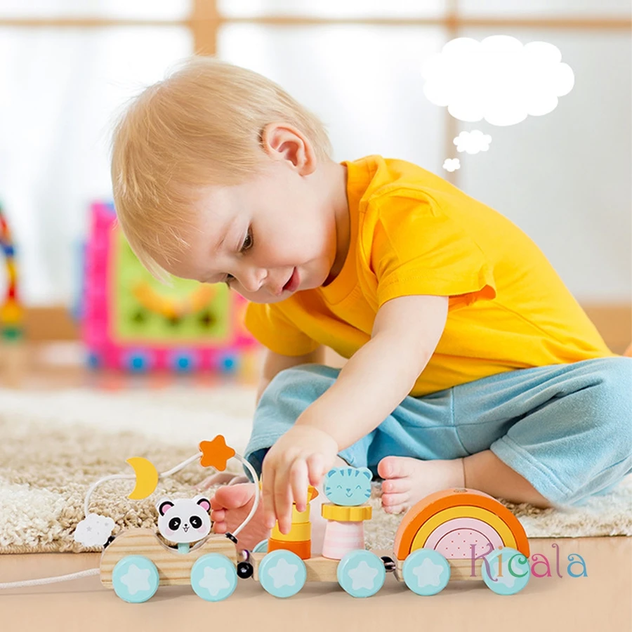 Tren de madera Montessori con animales y números para bebés - imagen 2