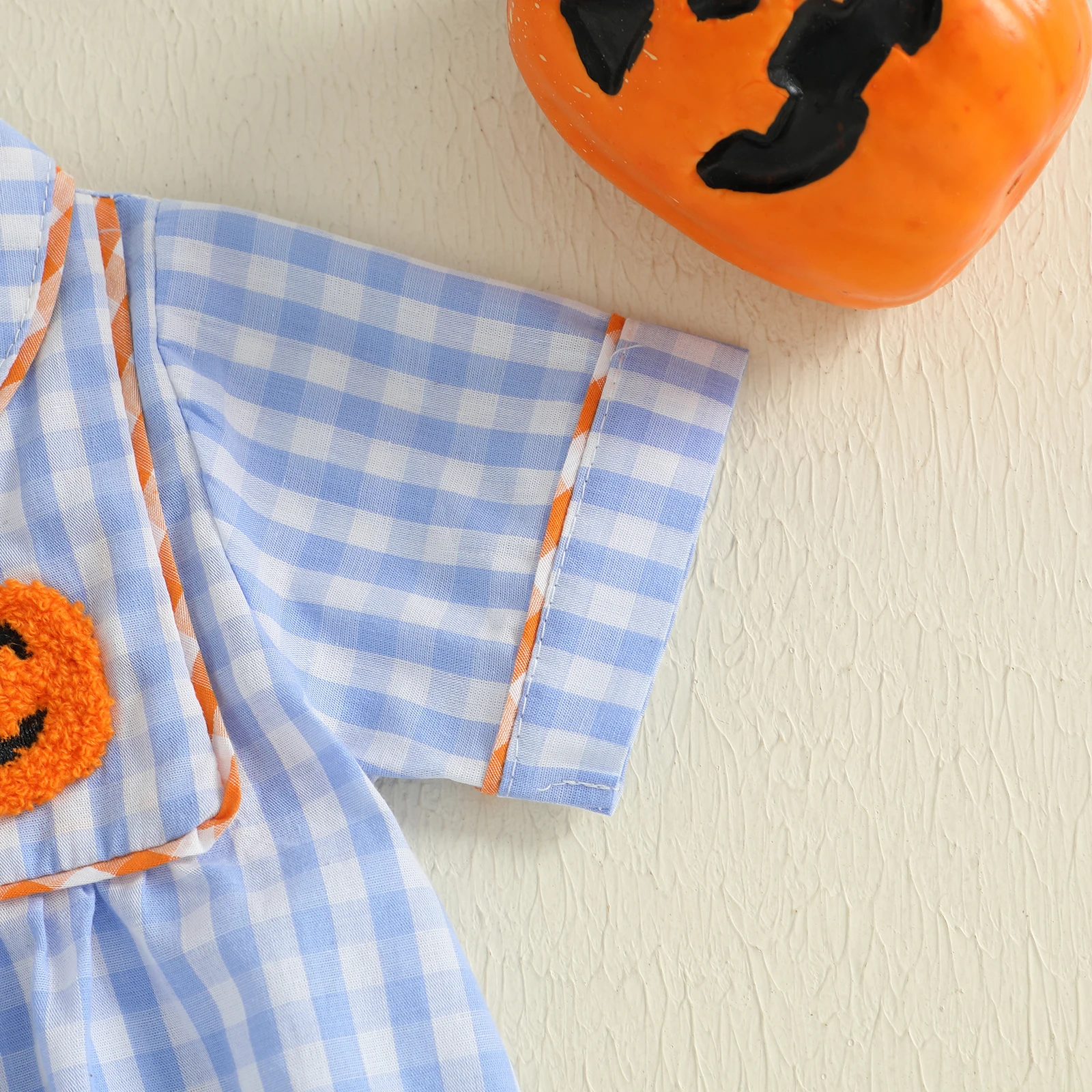 VISgogo Mono bordado de calabaza para niña de 0 a 18 meses, peleles a cuadros con cuello de muñeca de manga corta para Halloween - imagen 5