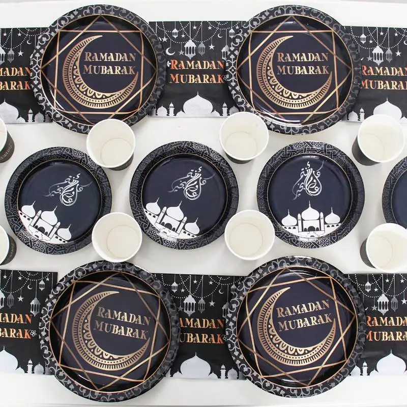 Vajilla desechable Ramadan Mubarak, platos, vasos, decoración de Ramadán, 2025 Eid Mubarak, Ramadan Kareem, suministros para fiestas islámicas musulmanas - imagen 4