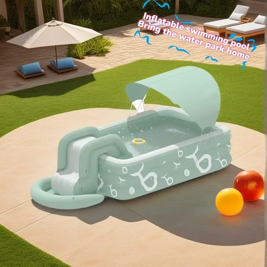 Piscina hinchable con tobogán y sombrilla de jardín - imagen 2