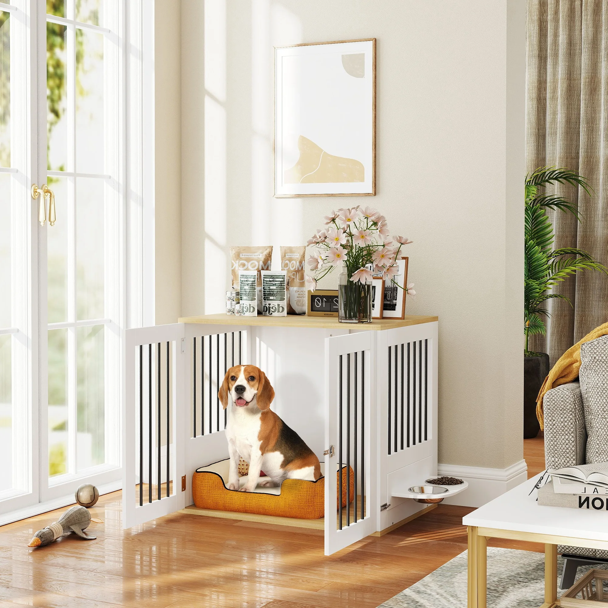 PawHut Jaula para Perros Medianos 2 en 1 Mesa Auxiliar con 2 Puertas con Pestillo Comedero Giratorio de 360° 2 Cuencos y Almohadillas Antideslizantes 80x55x71,5 cm Blanco - imagen 2