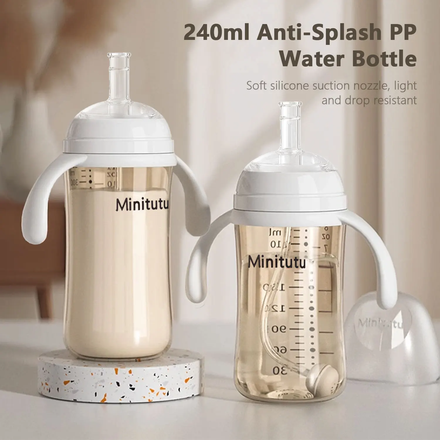 Biberón de 240 ml, biberón de agua con taza para sorber, pajita con bola de gravedad, material PP de calidad alimentaria, a prueba de fugas, a prueba de caídas - imagen 2