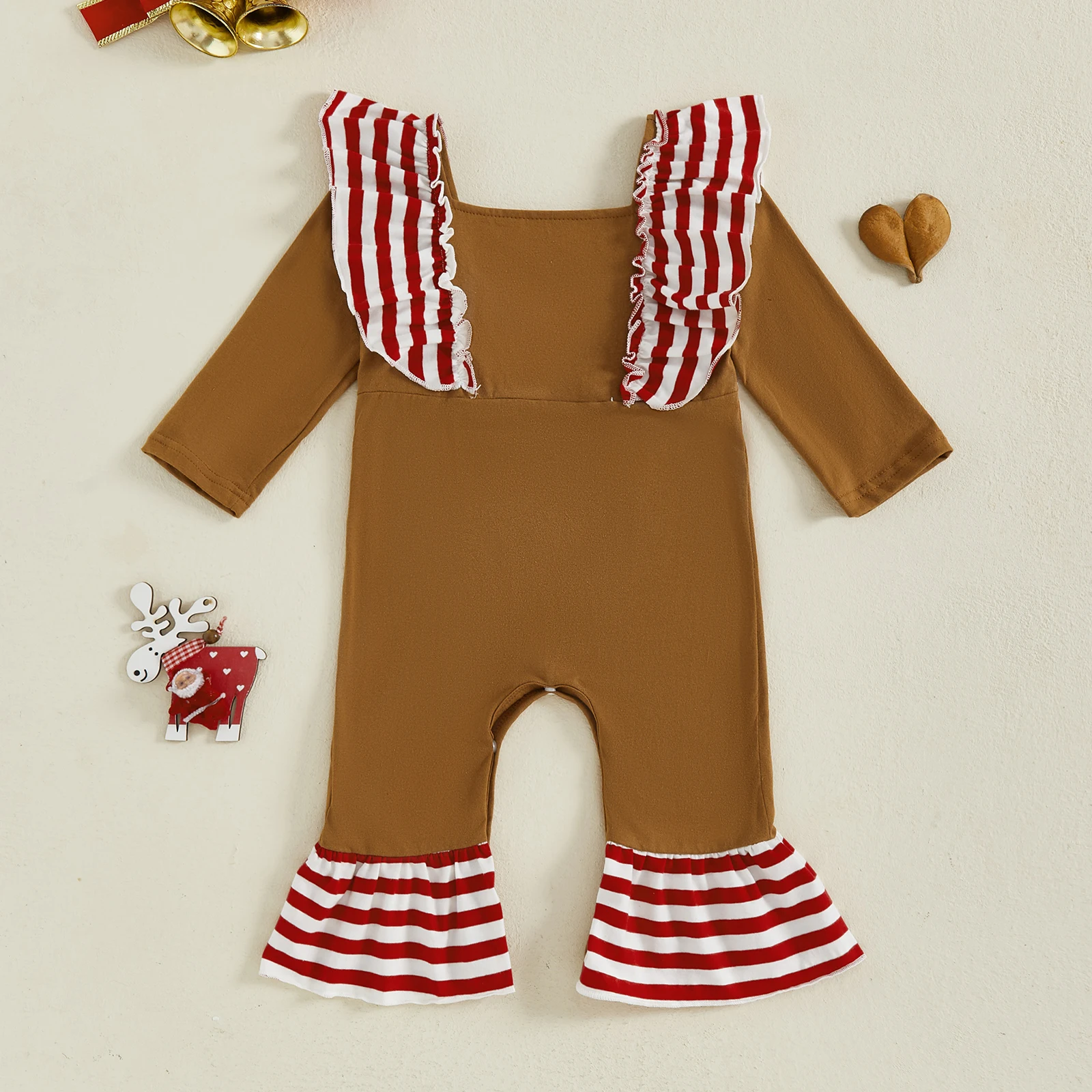 SUNSIOM Traje de pan de jengibre para niña de 0 a 18 meses, pantalones acampanados de manga larga con volantes a rayas, mameluco de Navidad infantil - imagen 2