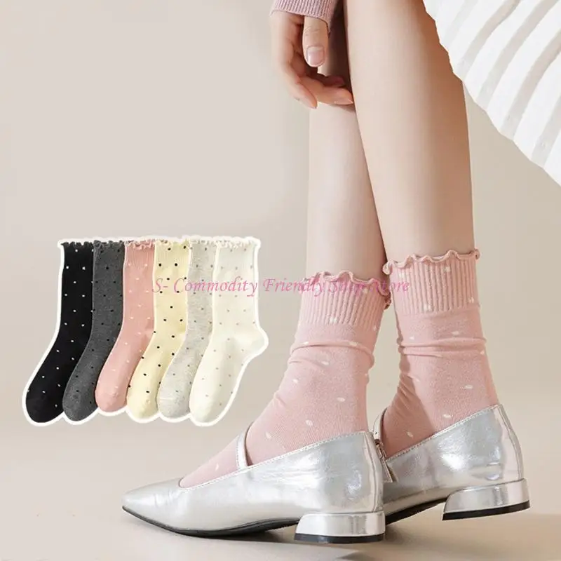 85ae Pack 6 pares chicas calcetines con volantes Patrón punto redondo algodón Otoño invierno - imagen 5