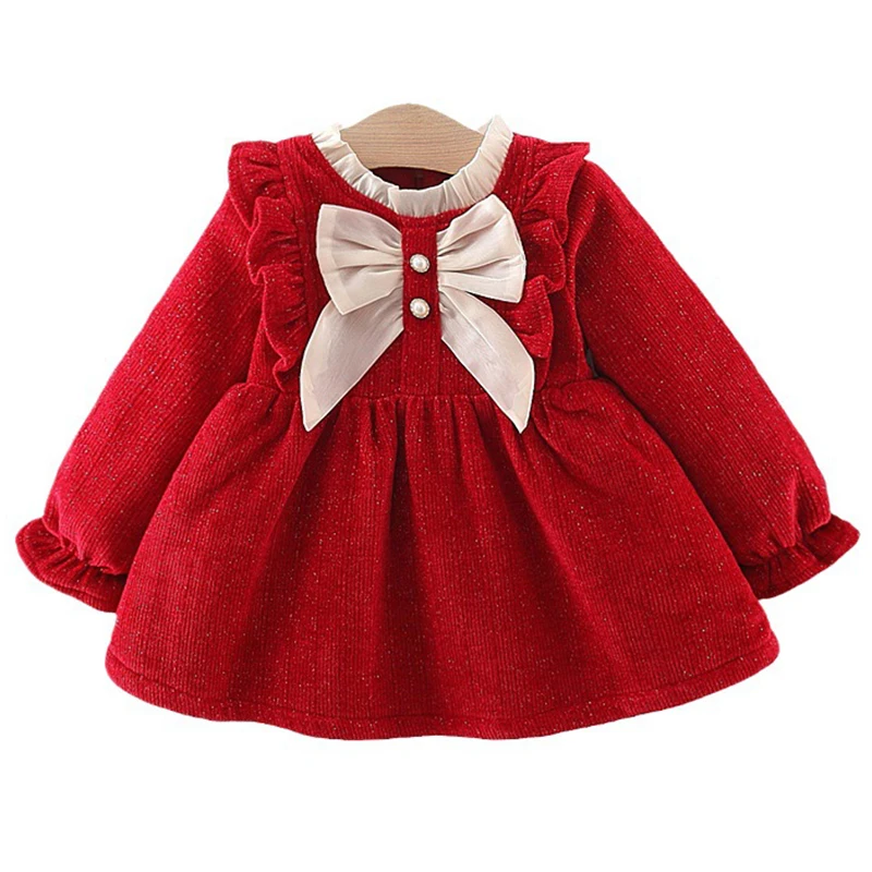 Ropa de invierno para niña pequeña, traje de lana de malla con lazo lindo coreano, vestidos de cumpleaños rojos de manga larga, vestido de lujo de princesa para recién nacido, BC847
