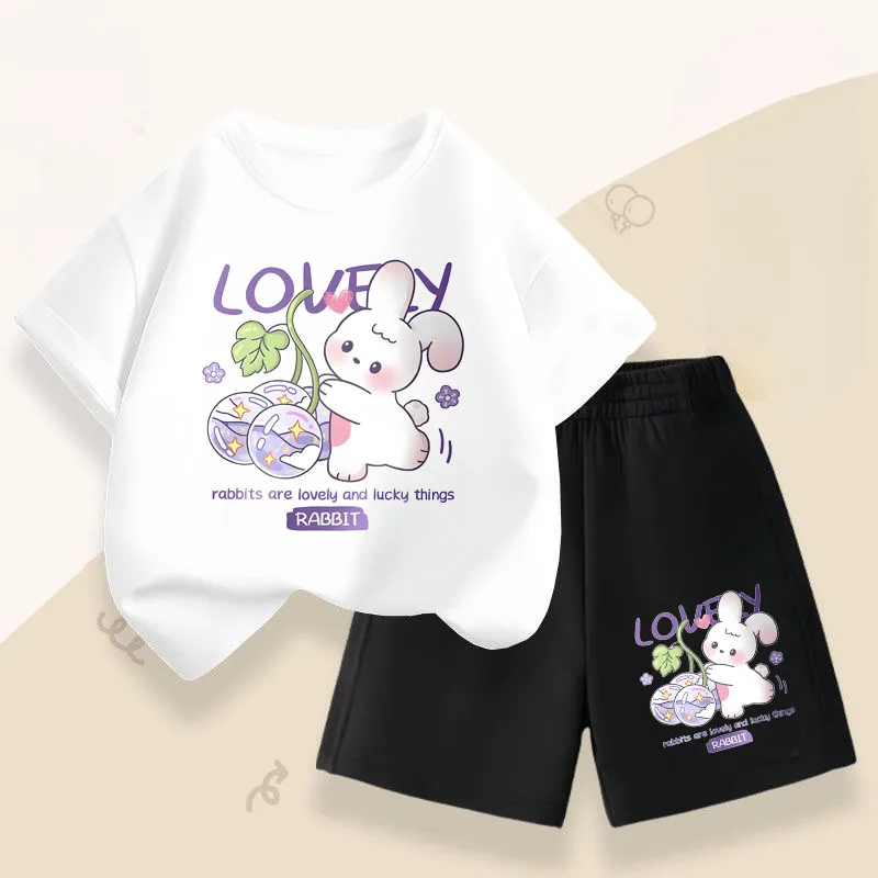Novedad de verano, trajes informales para niñas, conjuntos de Top de manga corta para niños, camiseta con estampado de conejo bonito, pantalones cortos, traje de dos piezas - imagen 4