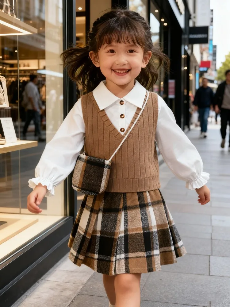 Conjunto para niña de otoño con falda a cuadros y camiseta manga larga