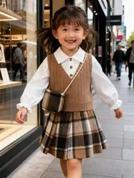Conjunto para niña de otoño con falda a cuadros y camiseta manga larga
