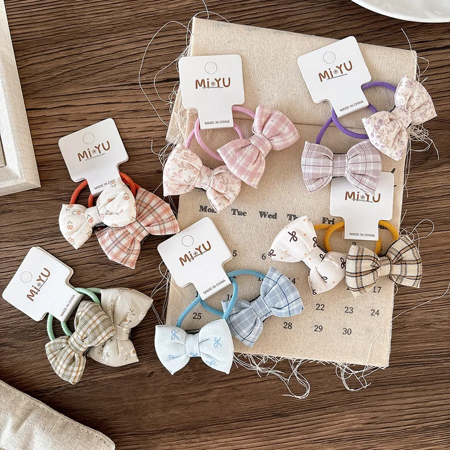 Banda de cuerda para el pelo para niños con lazo a cuadros de tela dulce coreana, banda de goma pequeña Floral, accesorios para el cabello para niñas y niños - imagen 2