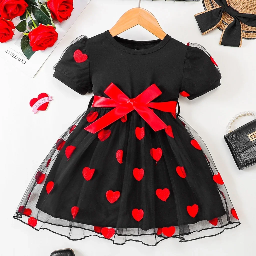 Vestido de fiesta de cumpleaños a la moda para niñas, vestido rojo de malla de amor con manga de burbuja, vestido esponjoso para niñas, ropa de verano para niños de 4 a 7 años