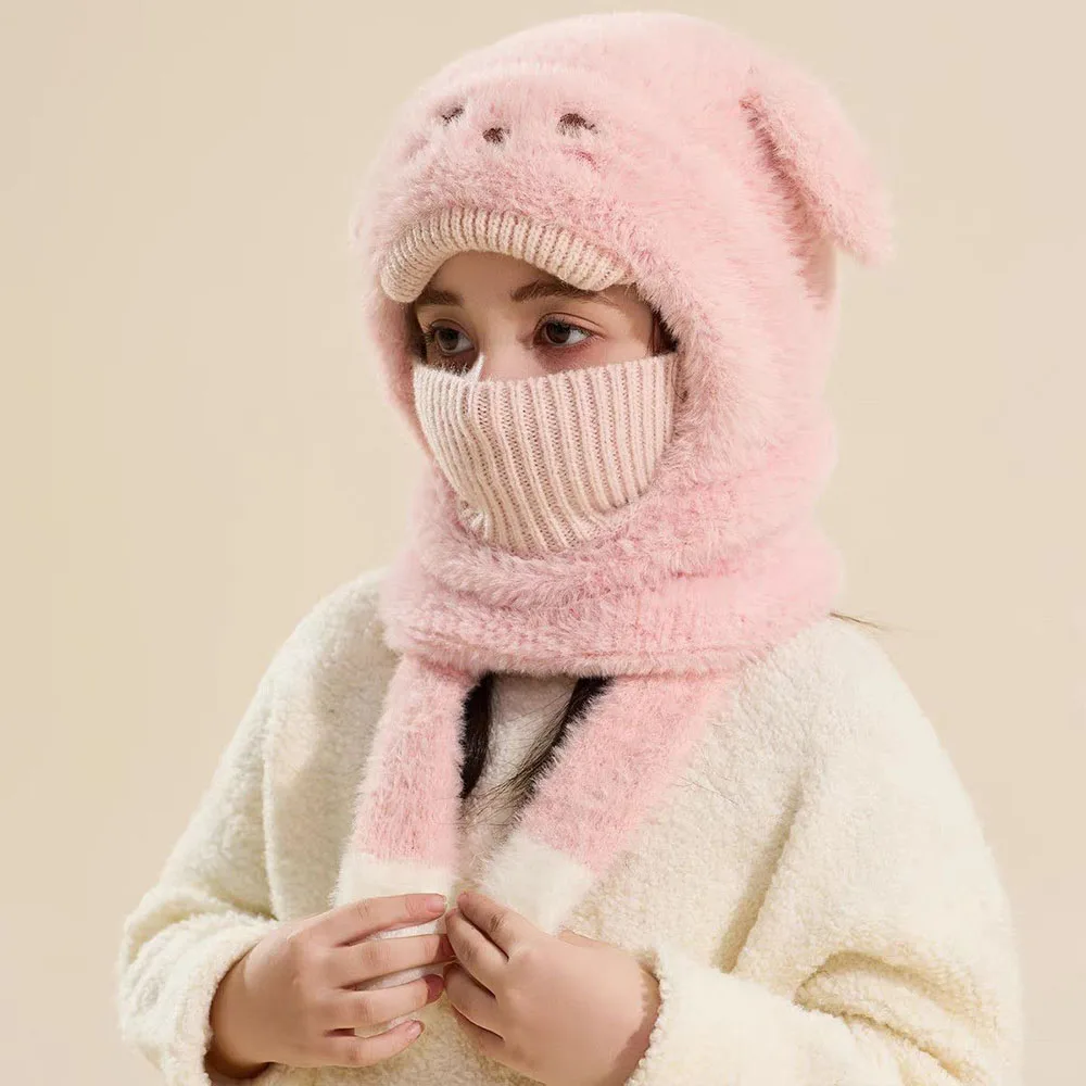 Cubierta para la cara con estampado de orejas y patas de animales de peluche de 2 a 6 años, ajuste elástico y cómodo, blanco para clima frío, sombrero de invierno, máscara y bufanda
