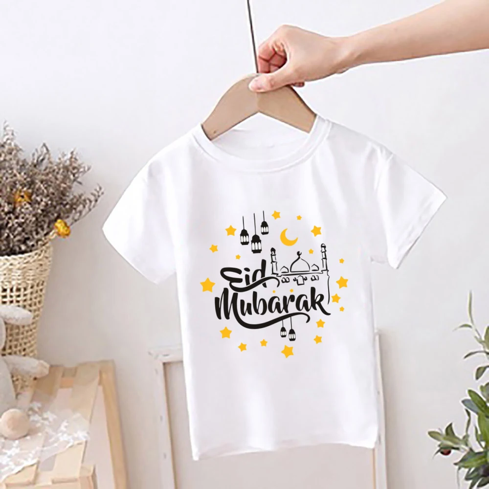 Camiseta con estampado de Luna y estrella de Ramadán para niños, camiseta de Ramadán Eid, conjunto para niñas y niños, Tops de manga corta, ropa musulmana islámica - imagen 4