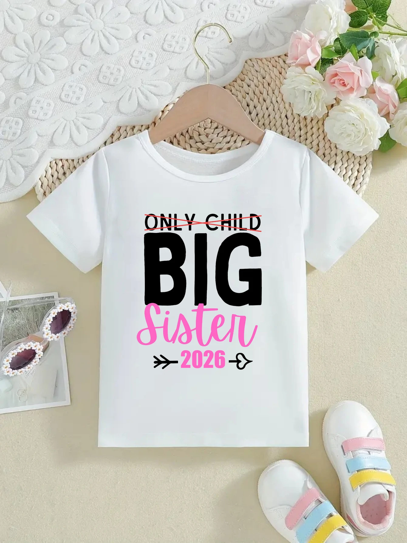No solo niño hermana mayor 2026 flecha corazón impreso camiseta niñas anuncio de embarazo Kawaii niños ropa niño camisa