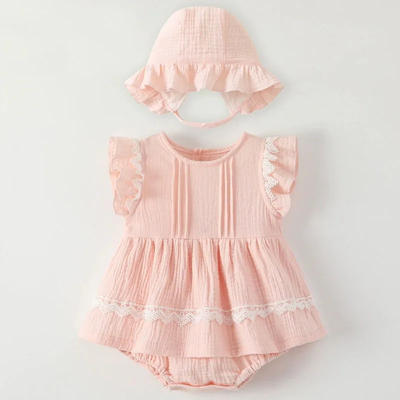 Ropa de verano para niñas recién nacidas, monos sin mangas de encaje rosa bonito a la moda coreana + sombrero, conjuntos para bebés, ropa para niños pequeños B015