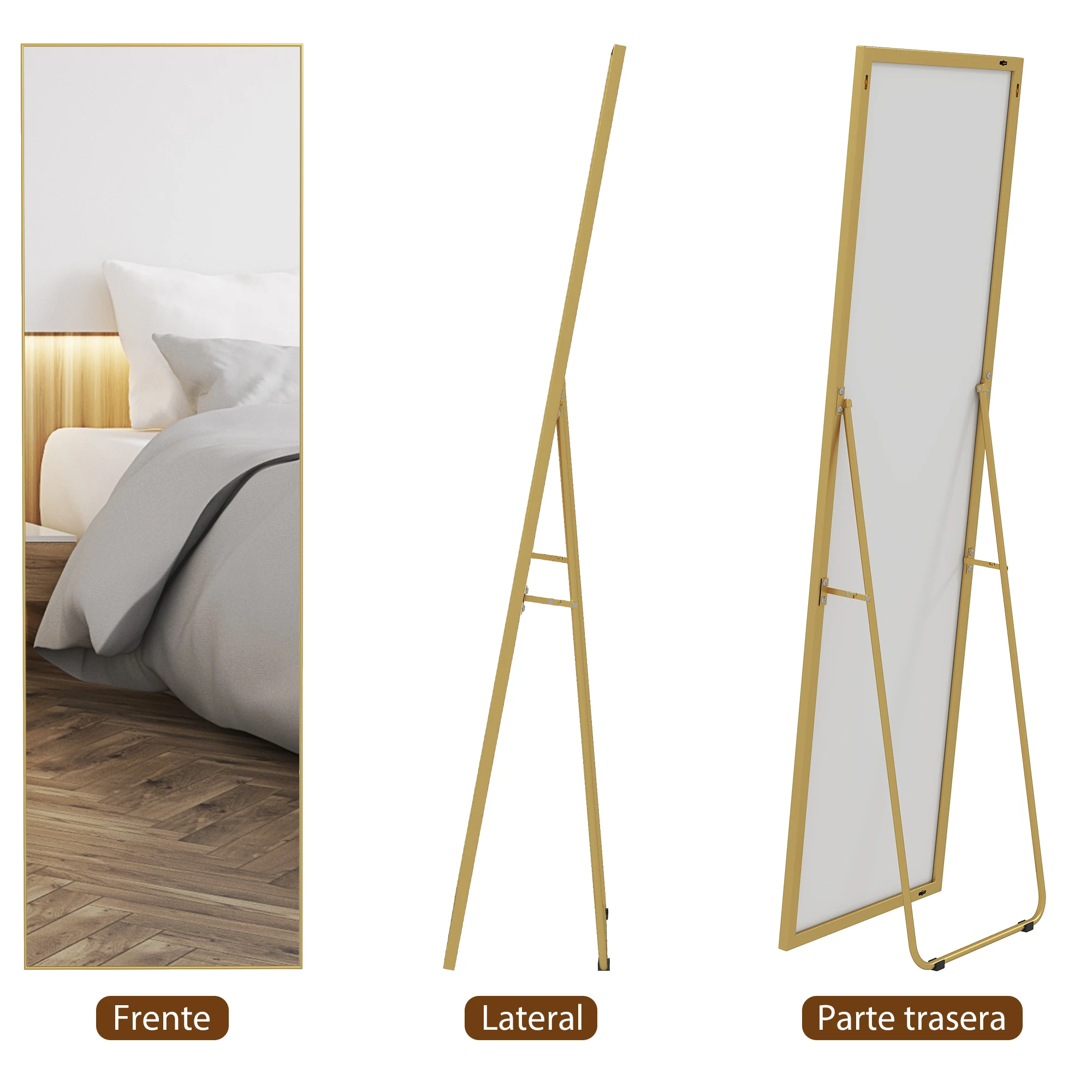 HOMCOM Espejo de Pie Cuerpo Entero con Marco de Aleación de Aluminio Espejo de Pared Rectangular con 2 Formas de Uso para Pasillo Dormitorio Salón 50x161,5x2 cm Dorado - imagen 4