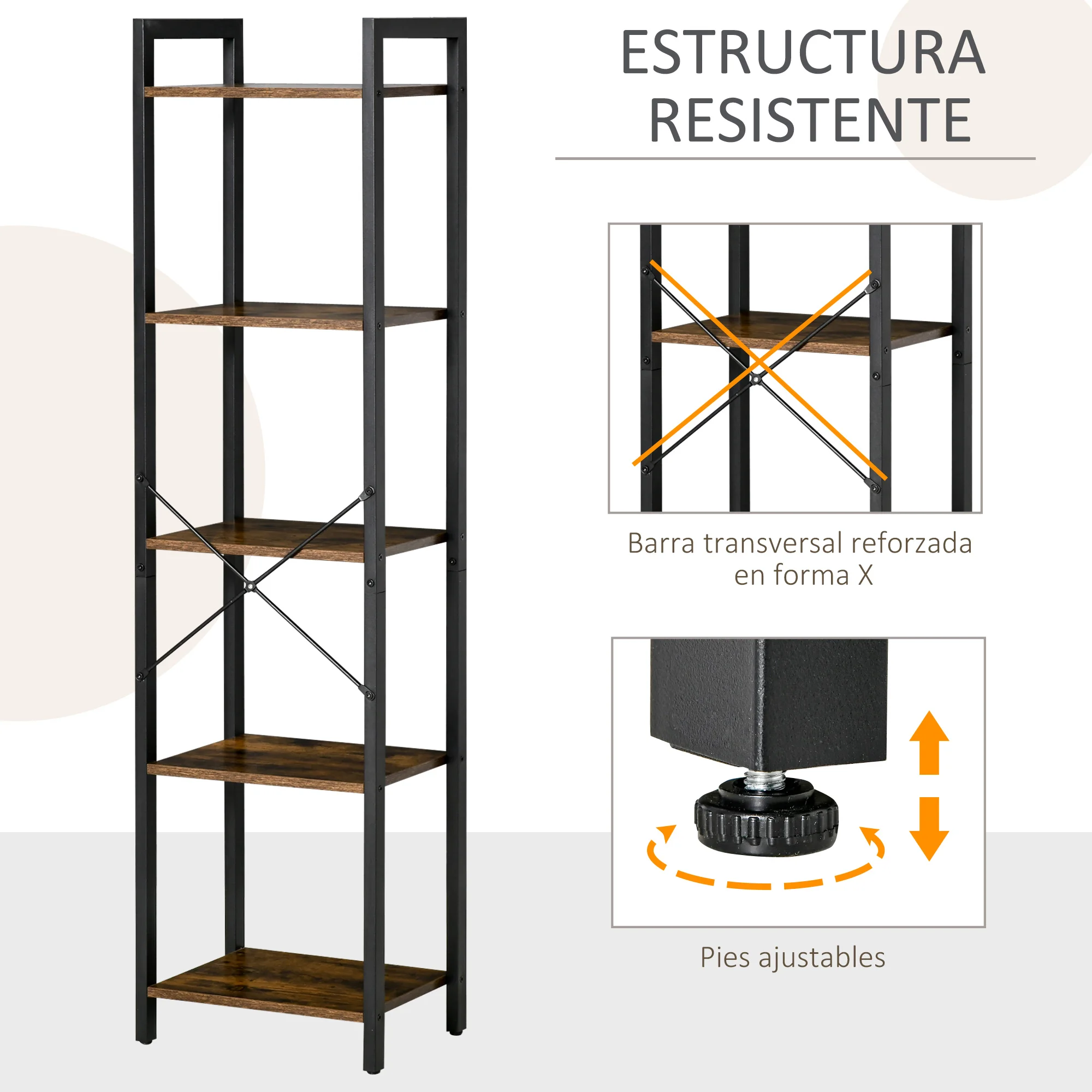 HOMCOM Estantería Industrial de 5 Niveles Estantería Librería de Almacenaje con Marco de Acero para Sala de Estar Oficina Cocina Dormitorio 40x30x154 cm Marrón Rústico - imagen 5