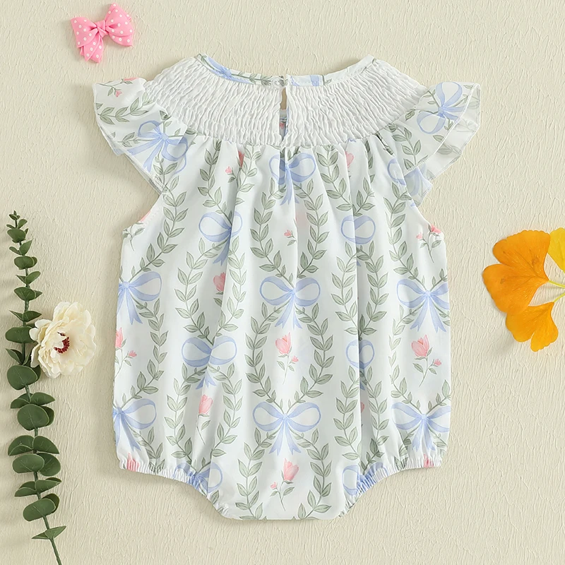 SUNSIOM Mameluco para niñas con mangas voladoras, cuello redondo, estampado de hojas y lazo, mono infantil, ropa de verano para uso diario informal - imagen 2