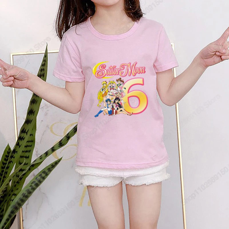 Camiseta con estampado de dibujos animados Sailor Moon para niño, Top de algodón de Anime, ropa informal de moda para niña, camiseta con número de cumpleaños de verano, regalo - imagen 3