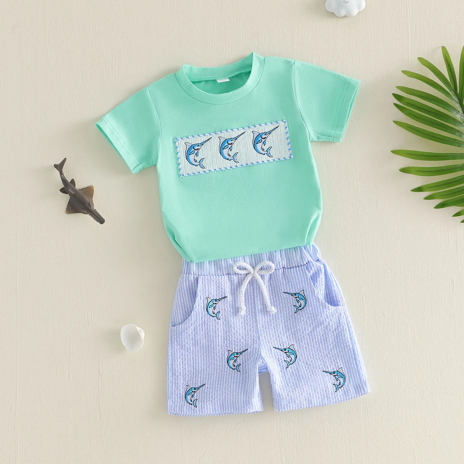 Conjunto bebé Tregren camiseta bordada de pez y pantalón corto - imagen 2