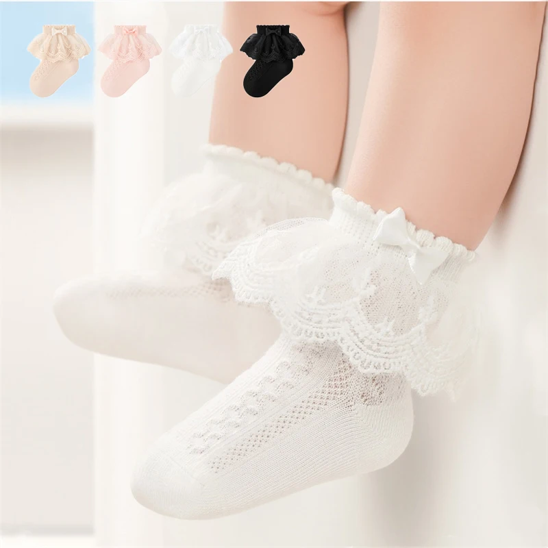 Calcetines infantiles para niñas y adolescentes, calcetines de princesa con lazo de encaje de Lolita dulce, calcetines de algodón para niñas y bebés de 0 a 12 años - imagen 2