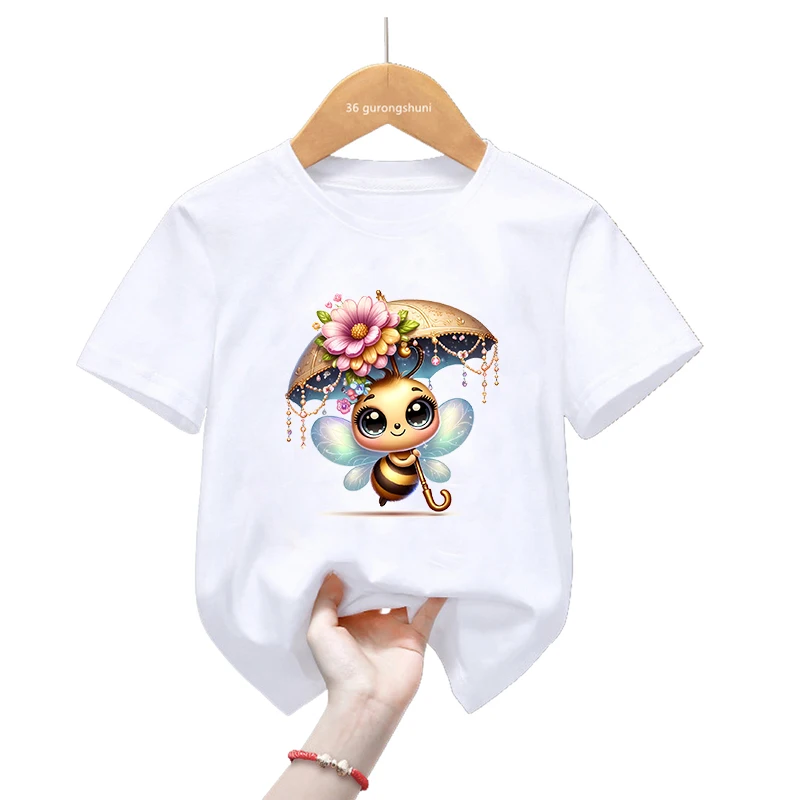 Camiseta divertida con estampado de flores de abeja para niñas, ropa Kawaii para niños, camiseta de manga corta de mariposa, moda de verano, camiseta Harajuku