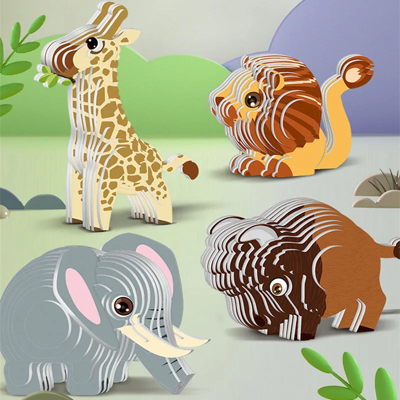 Rompecabezas 3D DIY con tema Animal, León, Tigre, conejo, modelo de juguete de papel de dibujos animados, montaje de Aprendizaje Temprano para niños, rompecabezas tridimensional - imagen 2