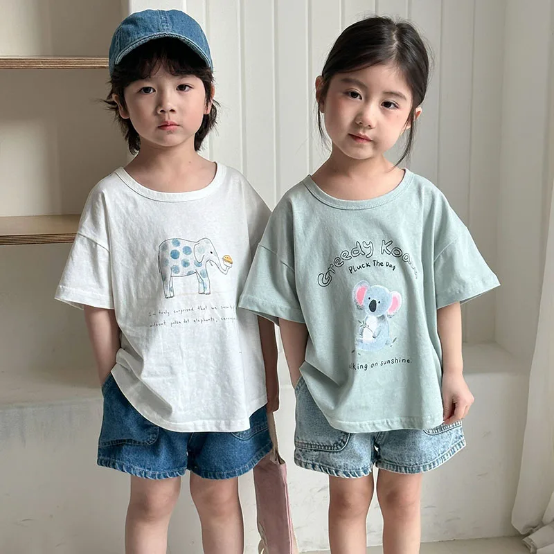 2025 nueva camiseta de verano para niños, 4 colores, camisa de manga corta con letras de animales de dibujos animados para niñas, camisetas holgadas de estilo fino para niños