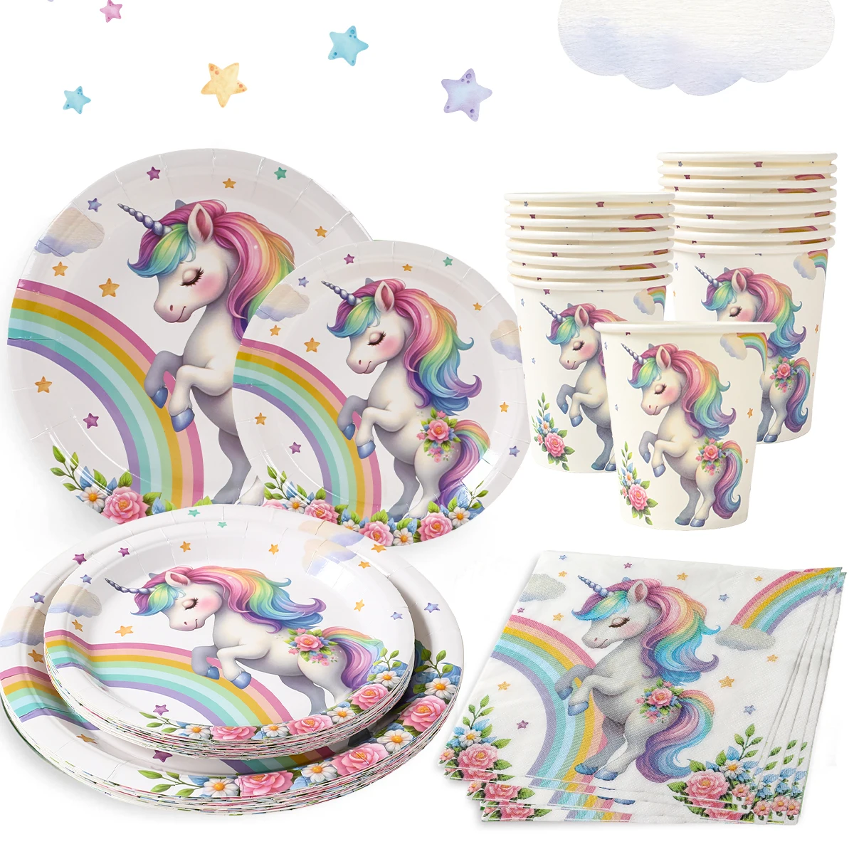 Vajilla desechable de unicornio de arcoíris, decoración de fiesta de primer cumpleaños para niños y niñas, juego de vajillas unicornio, suministros para fiesta de bienvenida para bebés - imagen 3