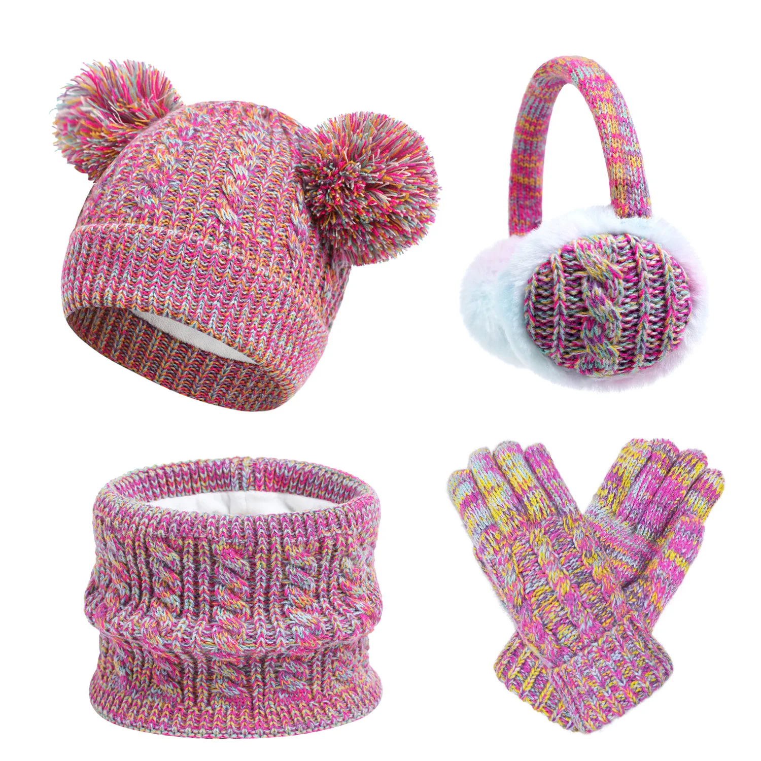 4 Uds. Calentador de orejas a la moda para niños, gorro de invierno, bufanda para el cuello, conjunto de guantes, bufanda cálida tejida, gorro de lana con protección para los oídos, gorro para niños
