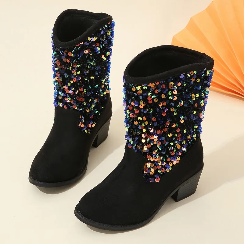 Botas cortas de cuero con lentejuelas para niña – Tacón grueso - imagen 2