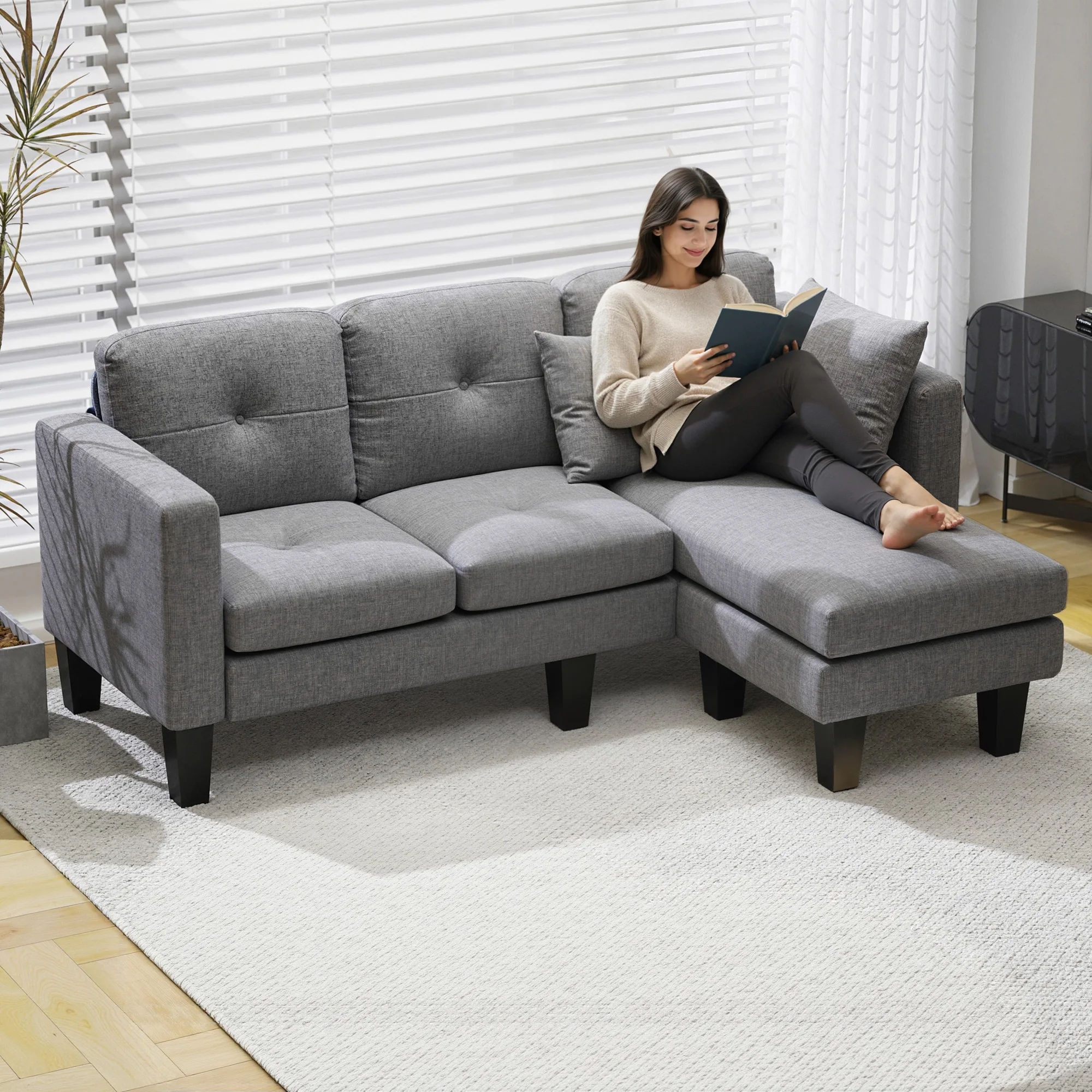 HOMCOM Sofá Chaise Longue Reversible, Sofá de 3 Plazas en Forma de L, Tapizado en Chenilla, Asiento y Respaldo Acolchados, Estructura de Acero, 186x130x84 cm, Gris Oscuro - imagen 2