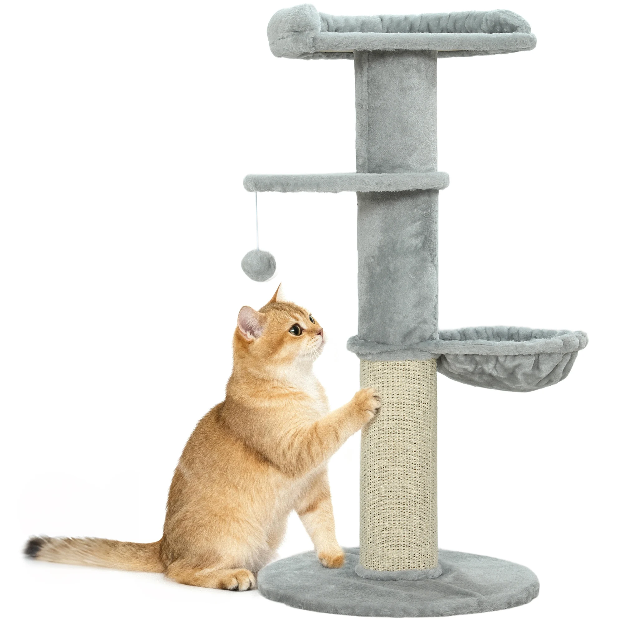 PawHut Árbol Rascador para Gatos, Árbol para Gatos 103,5 cm, Torre Escalador con Cama, Hamaca, Plataforma, Poste de Sisal Extra Grueso, Bola Colgante, Gris Claro
