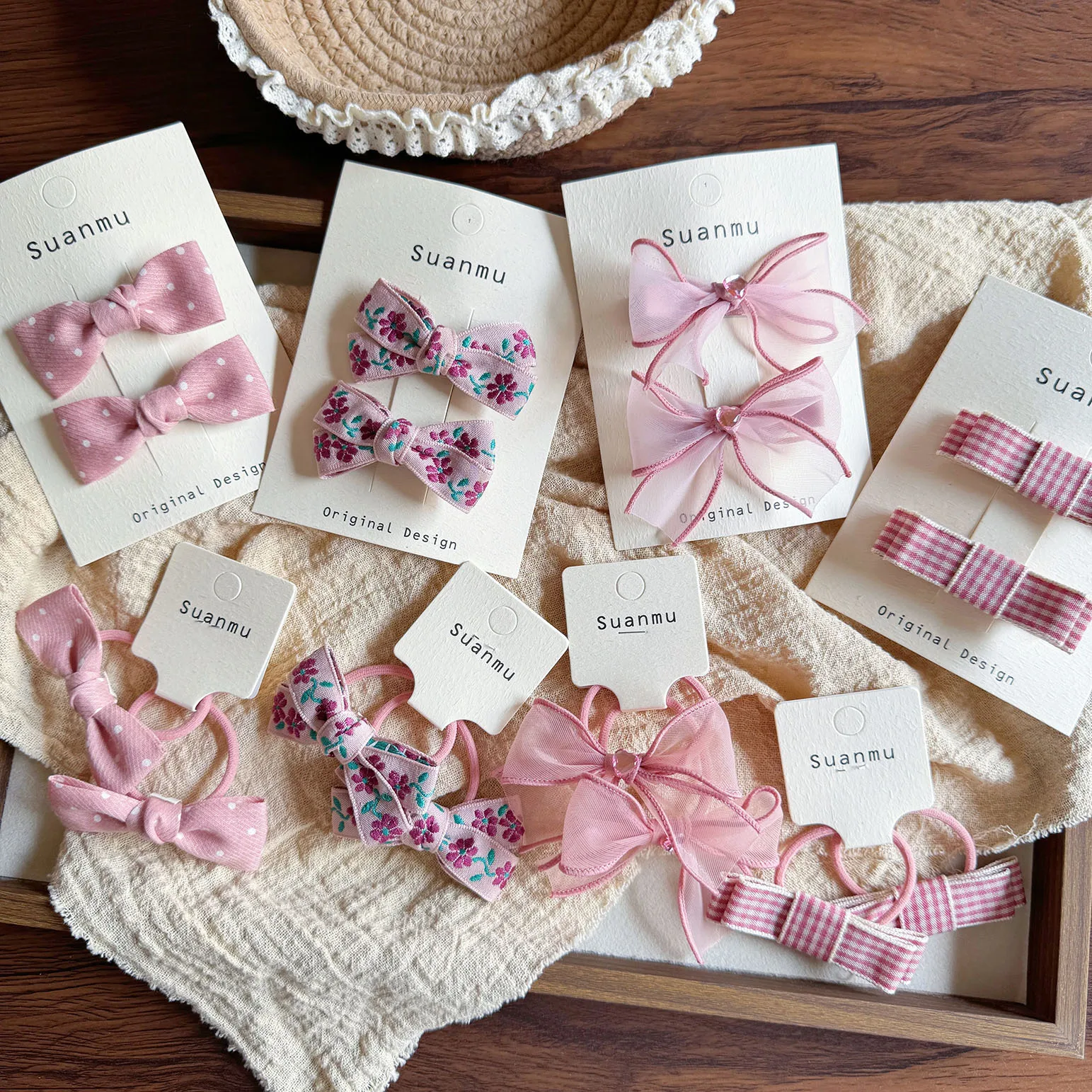 Pinzas elásticas de algodón para niñas con lazo bordado de flores - imagen 3