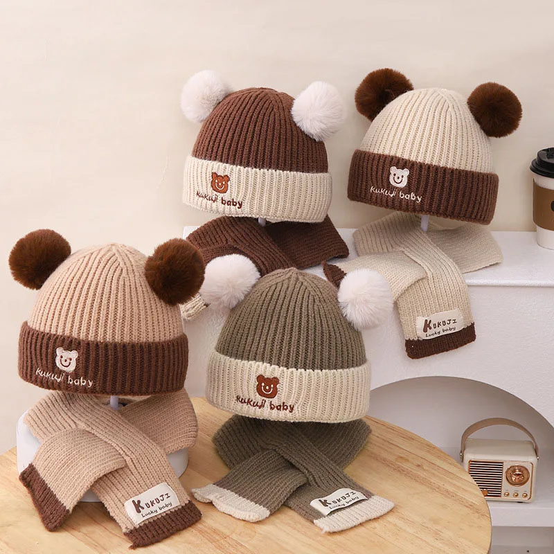Conjunto de gorro y bufanda de invierno para niños, 4 colores, gorro de punto versátil para niñas, accesorios para niños con oso de dibujos animados - imagen 2