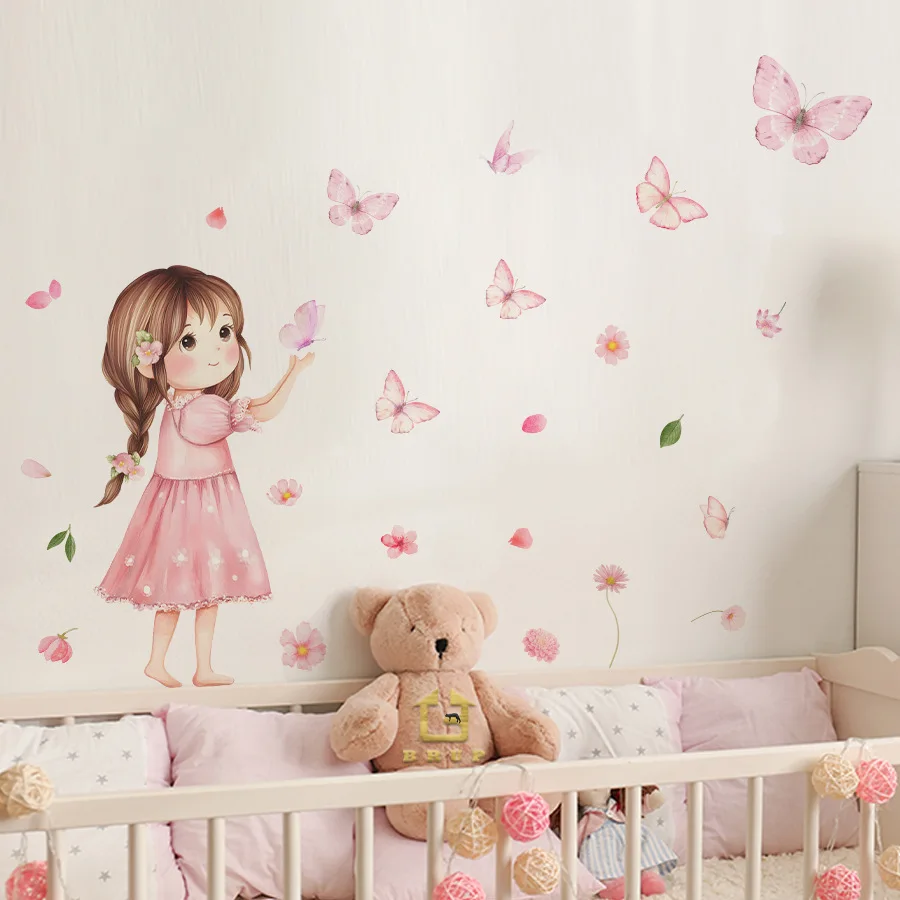 Pegatinas de pared autoadhesivas para niña bonita para dormitorio, habitación de niños, dormitorio, pegatinas de decoración del hogar, flores de mariposa