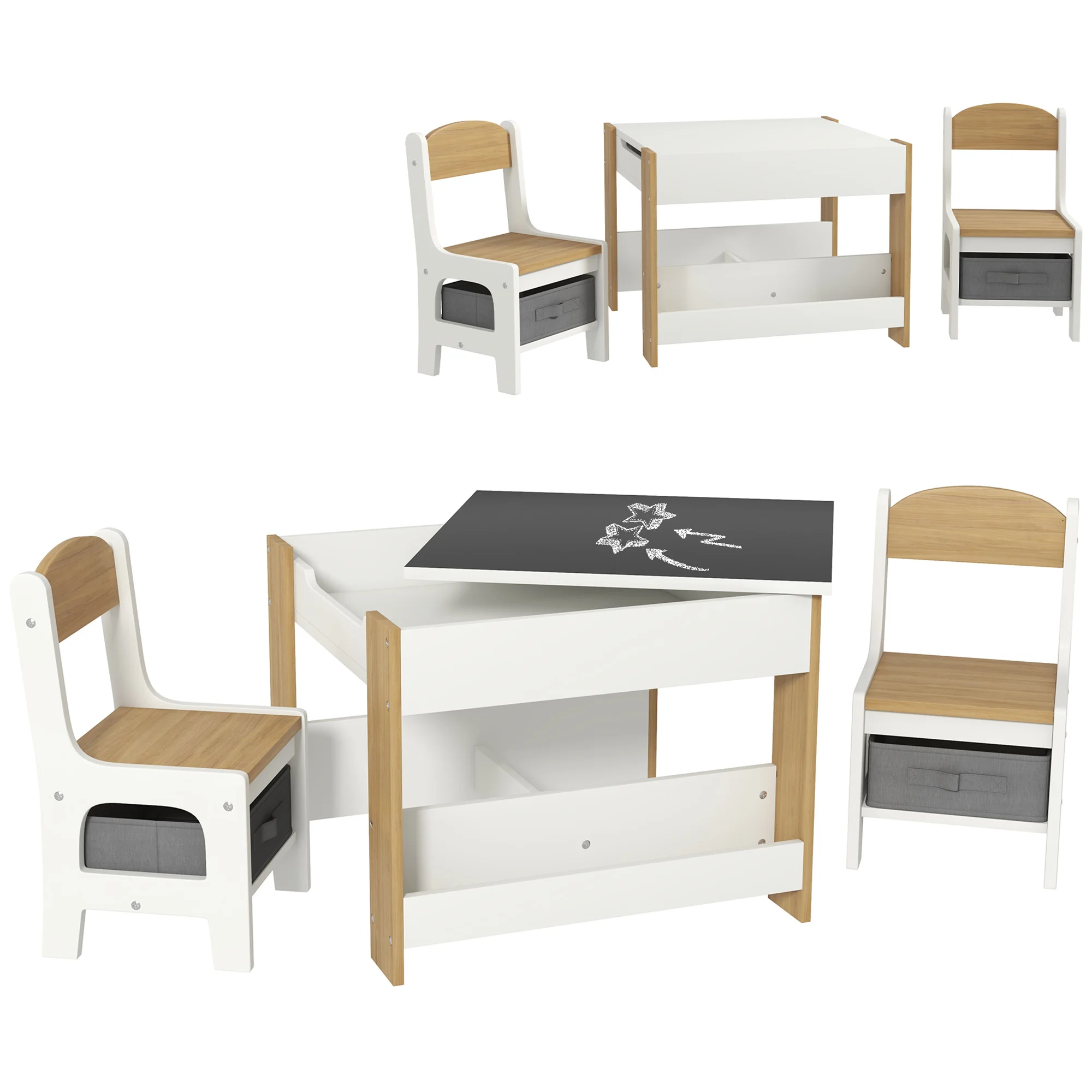 HOMCOM Juego de Mesa y 2 Sillas Infantiles Mesa con Sillas para Niños 2 en 1 con Pizarra Cajones de Tela y Espacio de Almacenamiento para Guardería Sala de Juegos Blanco y Natural