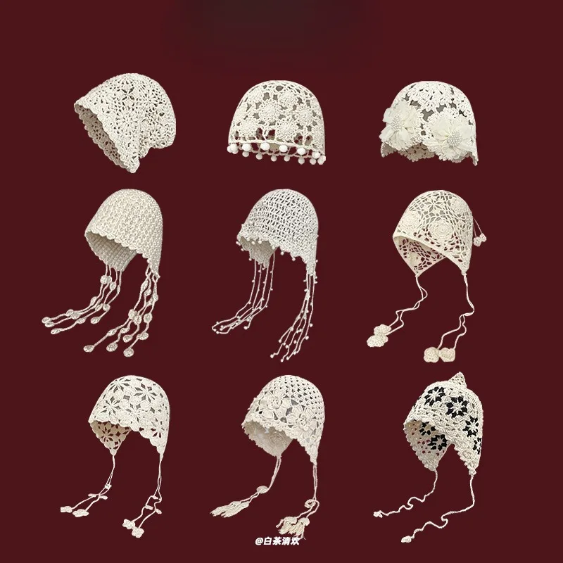 Gorro calado tejido hecho a mano para mujer, gorro de punto con gancho de flor de estilo coreano con borlas de perlas para primavera y verano