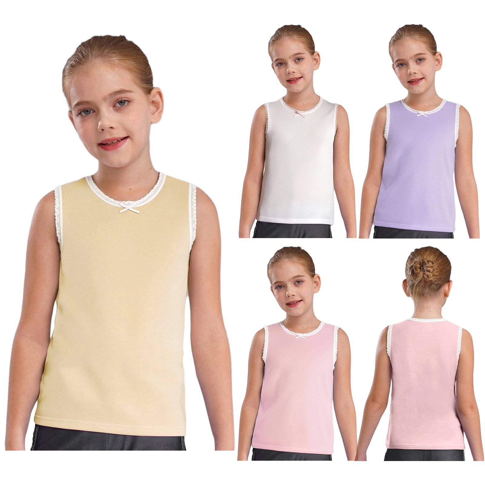 Tops cortos informales para niñas, camiseta sin mangas con adorno de encaje y lazo bonito, camisetas sin mangas con cuello redondo, ropa de algodón respetuosa con la piel para el hogar - imagen 2