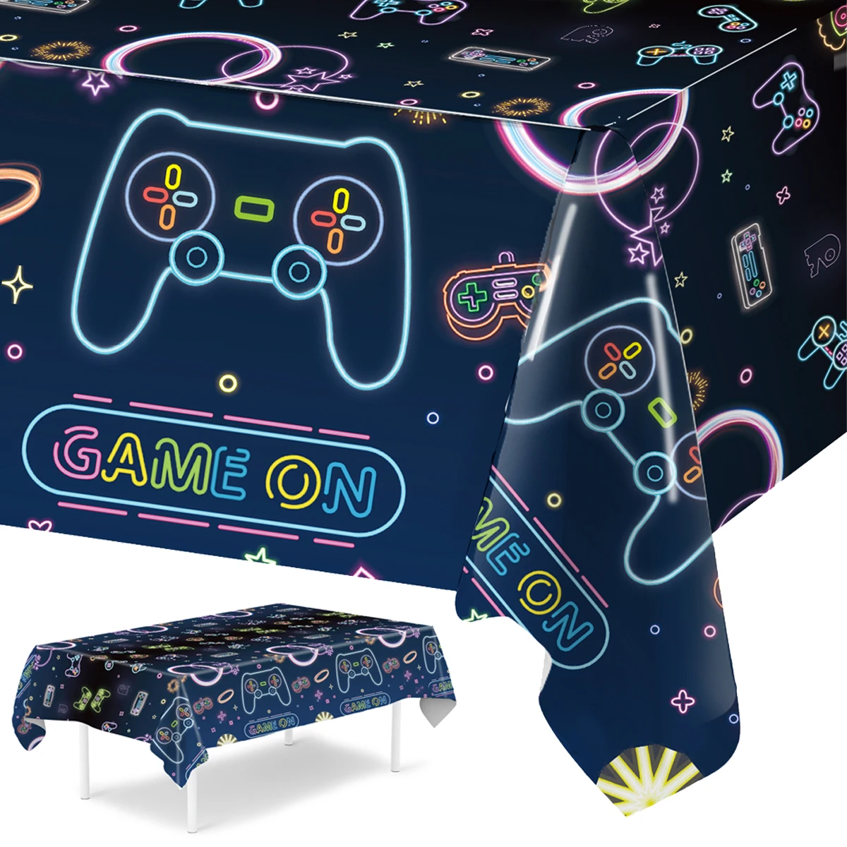 130*220cm negro Videojuego Gamepad mantel suministros de fiesta mantel de fiesta de neón cubiertas de mesa brillantes decoración de fiesta de cumpleaños