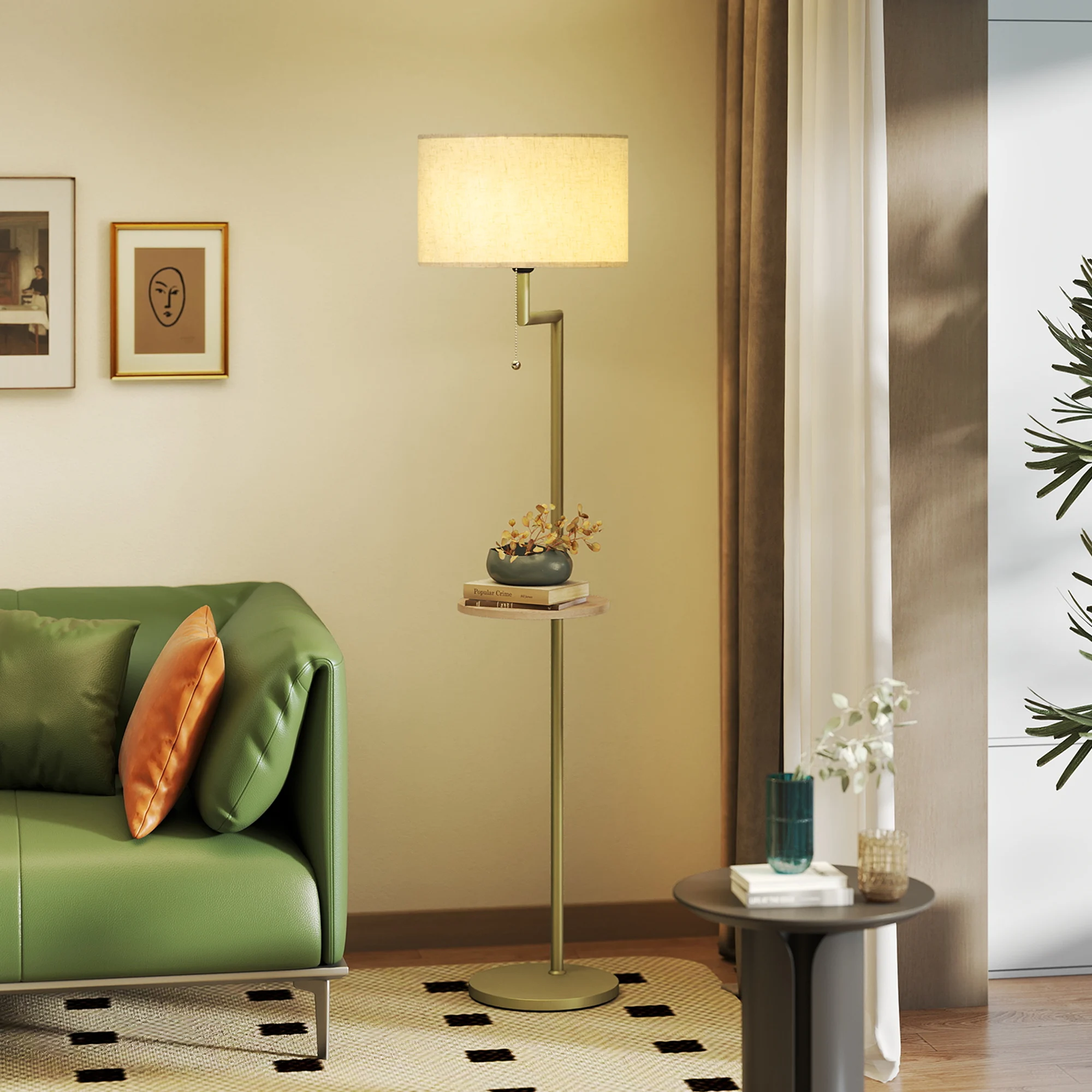 HOMCOM Lámpara de Pie Moderna con Estante, Lámpara de Lectura de Pie 40 W con Pantalla de Lino Sintético Desmontable, Puerto USB, Interruptor de Cadena y Marco de Acero, para Salón, Dormitorio, Dorado - imagen 2