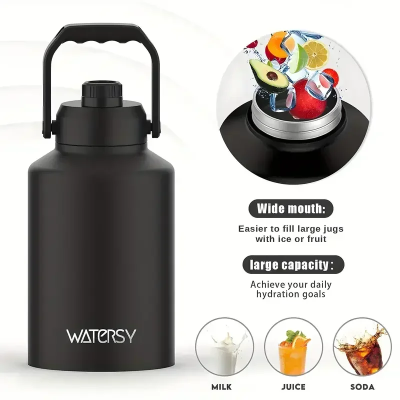 Jarra de agua de acero inoxidable a prueba de fugas, frasco de vacío, botellas de agua grandes con asa para gimnasio, senderismo, Camping y viajes, sin BPA