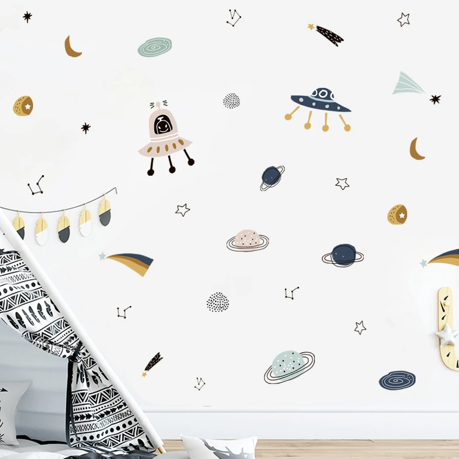 Pegatinas de vinilo pared infantiles acuarela con ovnis y planetas - imagen 4