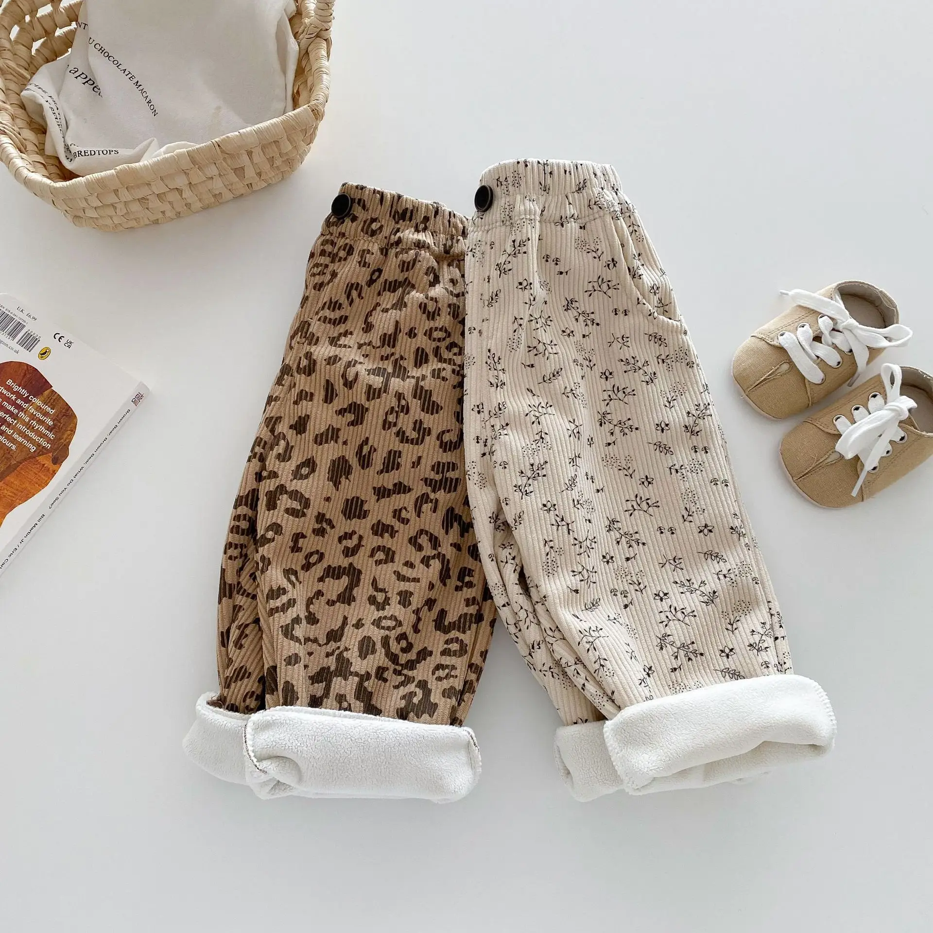Pantalones acolchados de lana cálidos con estampado de leopardo para niños de 1 a 5 años, pantalones de invierno con estampado Floral INS para niños y niñas - imagen 4