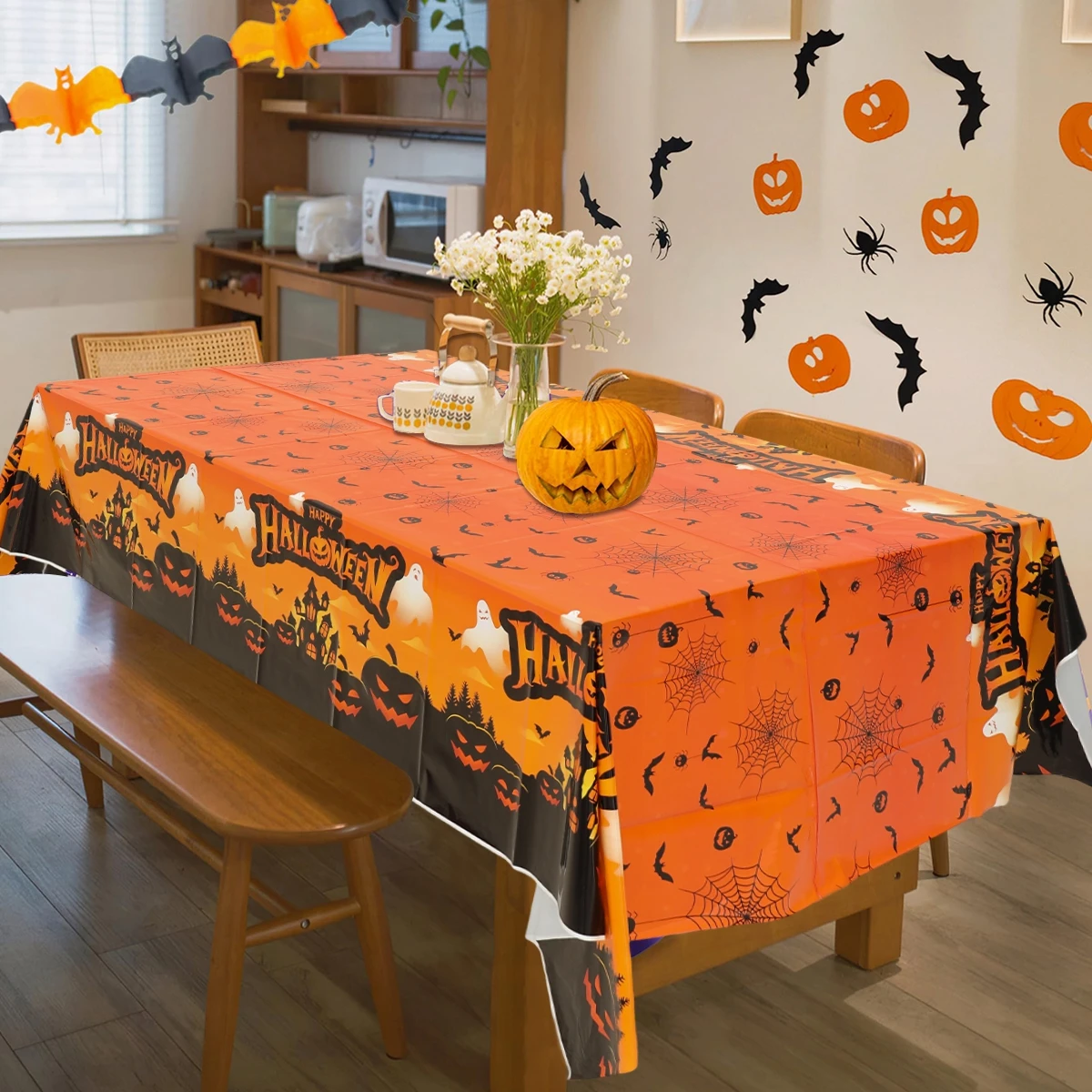 Mantel de murciélago espeluznante de calabaza de Halloween, cubierta de mesa de Halloween, suministros para fiestas de otoño, manteles impresos, suministros para fiestas y festivales - imagen 5