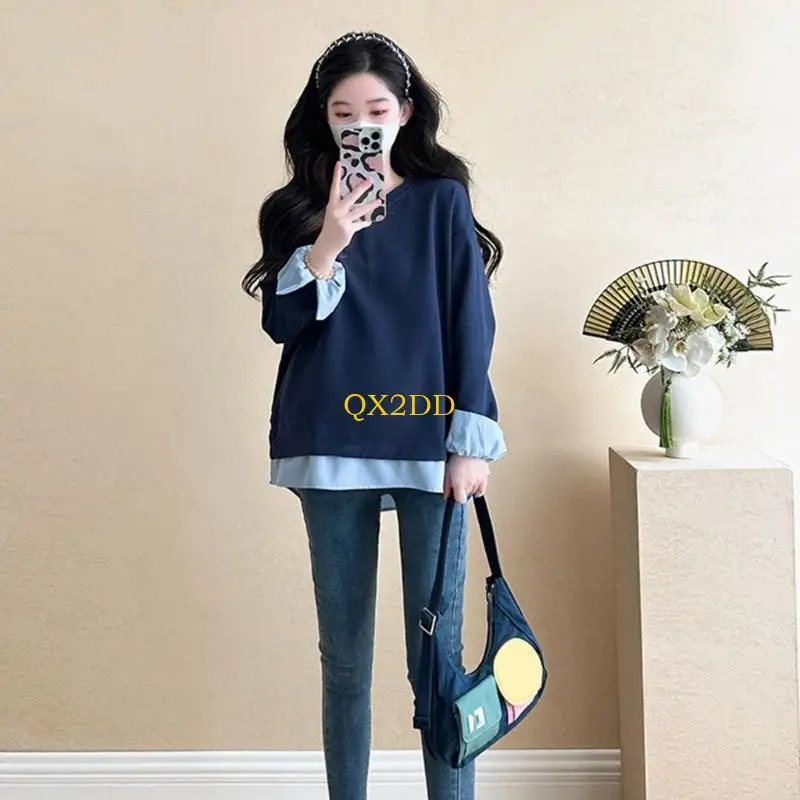 QX2D Sudadera algodón suave para embarazo, dobladillo en capas, corte espacioso, lavable a máquina, comodidad diaria y - imagen 2